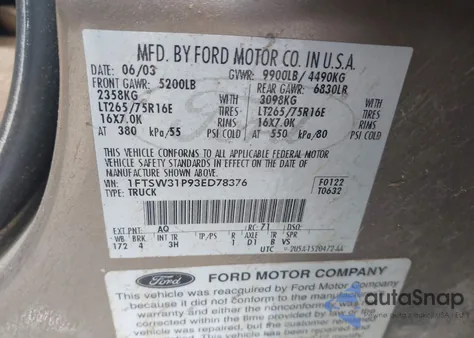 2003 Ford F-350 Lariat/Xl/Xlt z USA, uszkodzony, nr VIN 1FTSW31P93ED78376